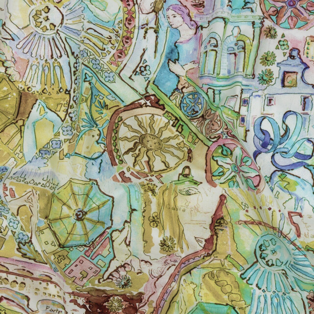 1 Yard Watercolor Village Stretch Cotton Poplin Aquamarine Print Pink Green Yellow and